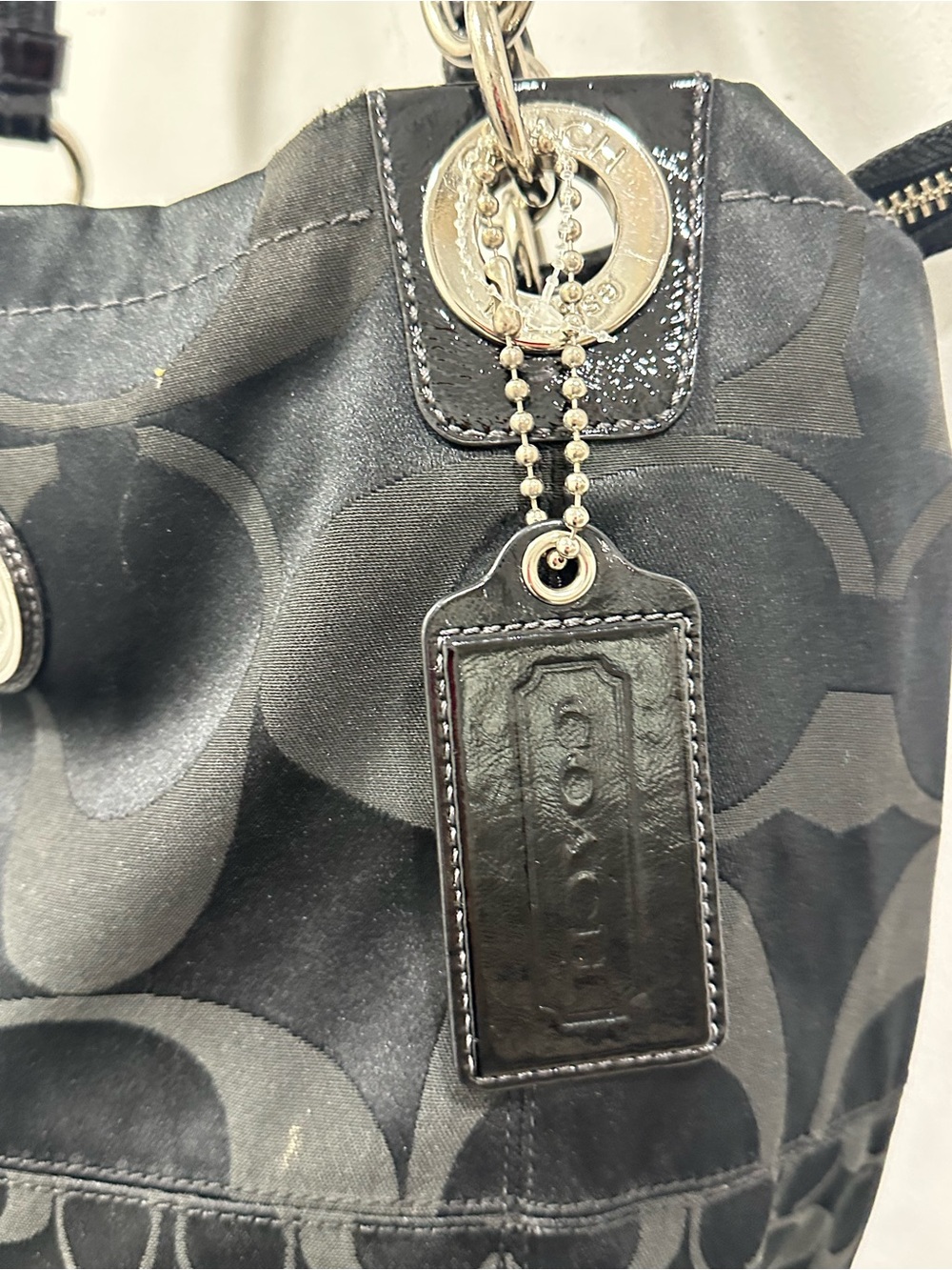 Coach Black Signature Jacquard Tote Bag Silver Hardware Leather Trim - Picture 8 of 10